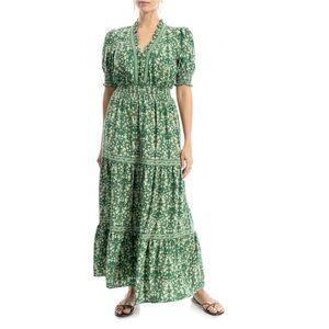 Max Studio Green/Yellow Floral Smocked Tiered Boho Maxi Dress Size Small